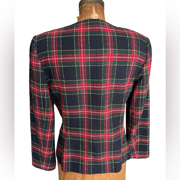 LE SUIT Vintage Collarless Tweed Jacket Black Red Green Gold SZ 8 EUC - Picture 2 of 11